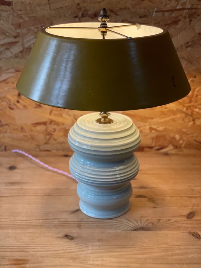 Celadon ribbed beehive lamp with green tole shade