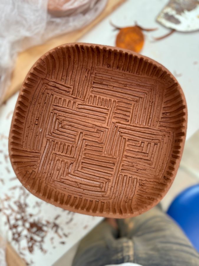 Square dish with maze labyrinth carved pattern